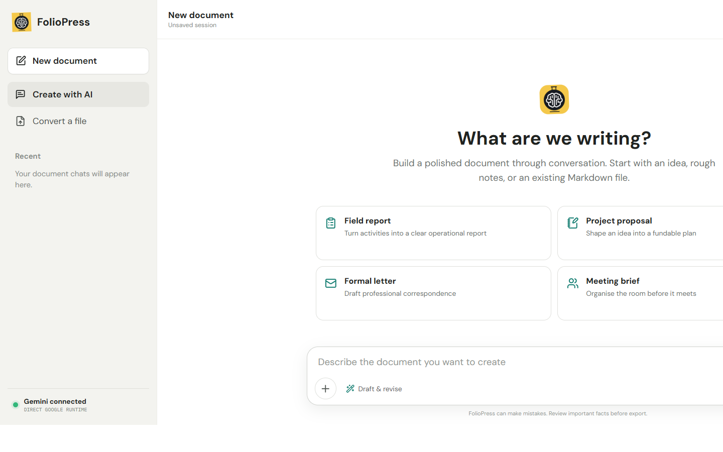 FolioPress AI document studio showing the chat workspace